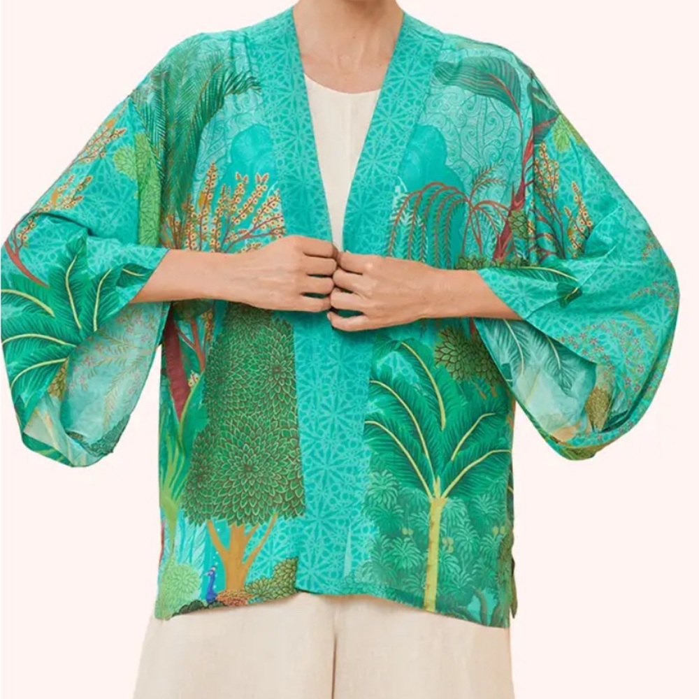 Powder Art Nouveau Peacock Jacket Kimono Caftan NWT